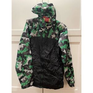 Lands End Packable Jacket Black Green Camo Windbreaker Raincoat Boys Sz XL